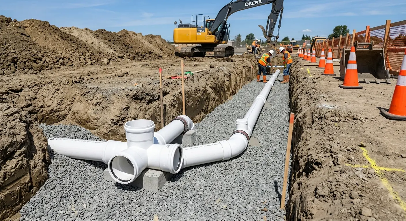 New PVC sewer pipe installation in open trench for Sewer Camera Inspection in Rolling Meadows