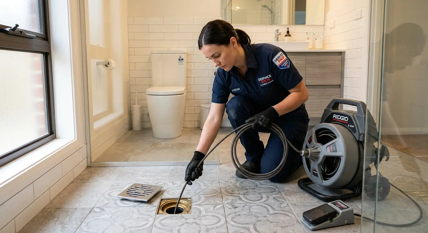 Technician clearing a bathroom floor drain for Sewer Line Installation in Rolling Meadows